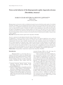 Notes on the Behavior of the Kleptoparasitic Spider Argyrodes Elevatus (Theridiidae, Araneae)1