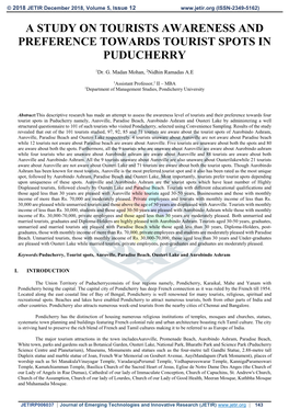 A Study on Tourists Awareness and Preference Towards Tourist Spots in Puducherry