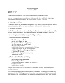 “Difficult Beginnings” January 3, 2021 Jeremiah 31:7-14 Matthew 2:1-12