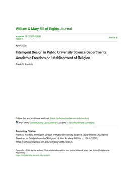 Intelligent Design in Public University Science Departments: Academic Freedom Or Establishment of Religion