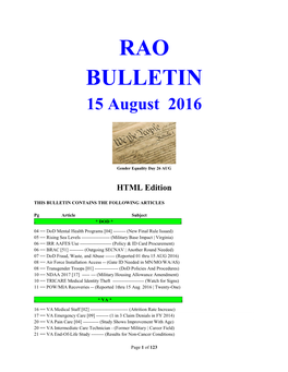RAO BULLETIN 15 August 2016