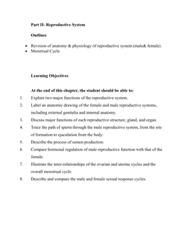 Part II: Reproductive System Outlines • Revision of Anatomy & Physiology