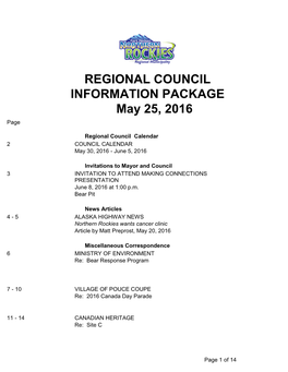 REGIONAL COUNCIL INFORMATION PACKAGE May 25, 2016