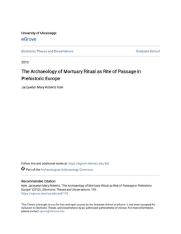 The Archaeology of Mortuary Ritual As Rite of Passage in Prehistoric Europe