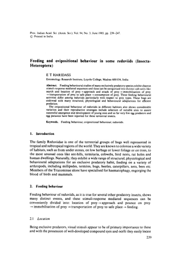 Feeding and Ovipositional Behaviour in Some Reduviids (Insecta-Heteroptera)