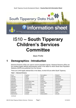 280-IS10 South Tipperary Children's Services - Profile.Doc Page 1 10/10/2012 South Tipperary County Development Board – County Data Unit Information Sheet