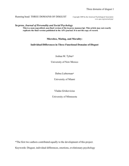 Three Domains of Disgust 1 in Press, Journal of Personality and Social