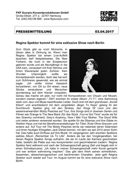 PRESSEMITTEILUNG 03.04.2017 Regina Spektor Kommt Für Eine