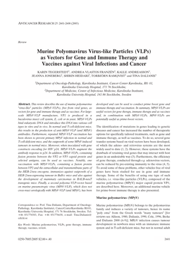 Murine Polyomavirus Virus-Like Particles (Vlps) As Vectors for Gene and Immune Therapy and Vaccines Against Viral Infections and Cancer