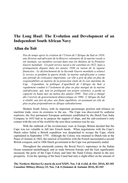 The Long Haul: the Evolution and Development of an Independent South African Navy Allan Du Toit