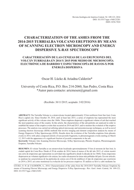 Characterization of the Ashes from the 2014-2015 Turrialba Volcano Eruptions by Means of Scanning Electron Microscopy and Energy Dispersive X-Ray Spectroscopy