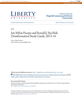 Ion Mihai Pacepa and Ronald J. Rychlak: Disinformation Study Guide, 2013-14 Steven Alan Samson Liberty University, Ssamson@Liberty.Edu