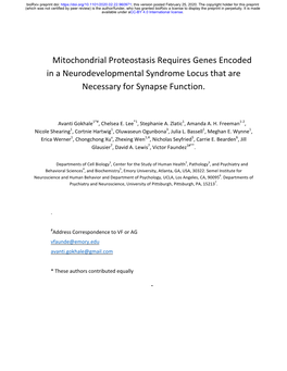 Mitochondrial Proteostasis Requires Genes Encoded in a Neurodevelopmental Syndrome Locus That Are Necessary for Synapse Function