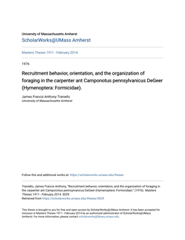 Recruitment Behavior, Orientation, and the Organization of Foraging in the Carpenter Ant Camponotus Pennsylvanicus Degeer (Hymenoptera: Formicidae)