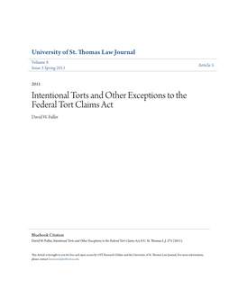 Intentional Torts and Other Exceptions to the Federal Tort Claims Act David W