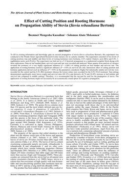 Effect of Cutting Position and Rooting Hormone on Propagation Ability of Stevia (Stevia Rebaudiana Bertoni)