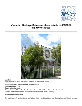 Victorian Heritage Database Place Details - 30/9/2021 the MANOR HOUSE