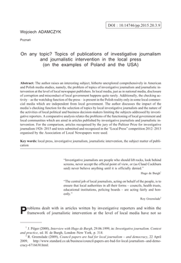 On Any Topic? Topics of Publications of Investigative Journalism and Journalistic Intervention in the Local Press (On the Examples of Poland and the USA)