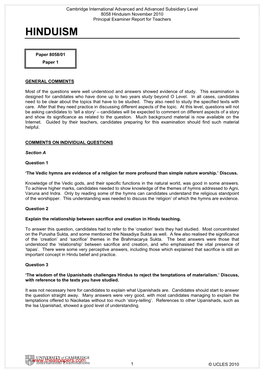 Hinduism November 2010 Principal Examiner Report for Teachers HINDUISM