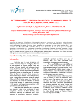 Butterfly Diversity, Seasonality and Status in Lakkavalli Range of Bhadra Wildlife Sanctuary, Karnataka