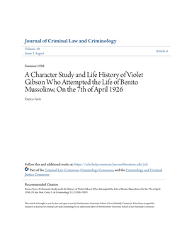 A Character Study and Life History of Violet Gibson Who Attempted the Life of Benito Mussolinw, on the 7Th of April 1926 Enrico Ferri