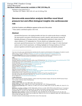 Genome-Wide Association Analysis Identifies Novel Blood Pressure Loci and Offers Biological Insights Into Cardiovascular Risk