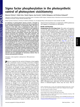 Sigma Factor Phosphorylation in the Photosynthetic Control of Photosystem Stoichiometry