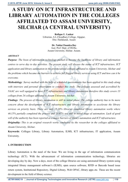 A Study on Ict Infrastructure and Library Automation in the Colleges Affiliated to Assam University, Silchar (A Central University)