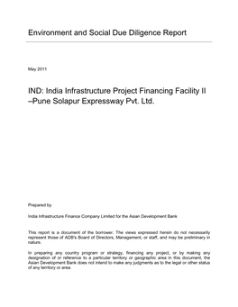 Environment and Social Due Diligence Report IND: India