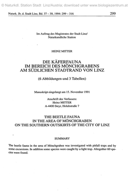 Die Käferfauna Im Bereich Des Mönchgrabens Am Südlichen Stadtrand Von Linz
