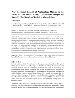 Why the Social Context of Archaeology Matters in the Study of the Indus Valley Civilization: Insight on Banerji’S “Pre‐Buddhist” Period at Mohenjodaro