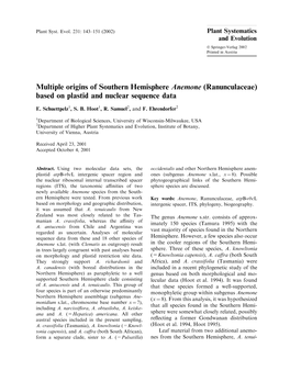 Multiple Origins of Southern Hemisphere Anemone Ranunculaceae) Based on Plastid and Nuclear Sequence Data