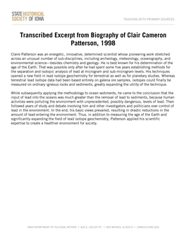 Transcribed Excerpts from Clair Cameron Patterson's Biography