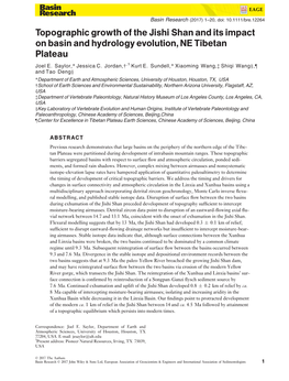 Topographic Growth of the Jishi Shan and Its Impact on Basin and Hydrology Evolution,NE Tibetan Plateau Joel E