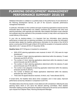 Planning Development Management Performance Summary 2018/19