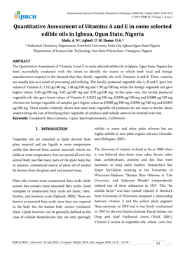 Quantitative Assessment of Vitamins a and E in Some Selected Edible Oils in Igbesa, Ogun State, Nigeria Madu, A