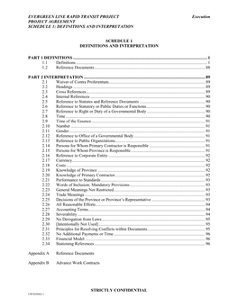 EVERGREEN LINE RAPID TRANSIT PROJECT Execution PROJECT AGREEMENT SCHEDULE 1: DEFINITIONS and INTERPRETATION