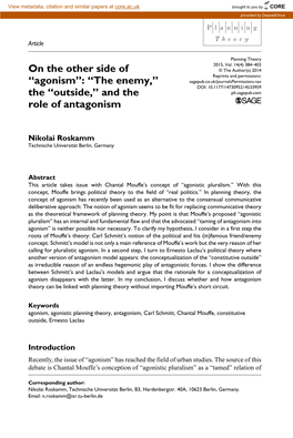 Agonism”: “The Enemy,” Sagepub.Co.Uk/Journalspermissions.Nav DOI: 10.1177/1473095214533959 the “Outside,” and the Plt.Sagepub.Com Role of Antagonism