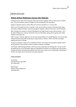 MEDIA RELEASE Allens Arthur Robinson Moves Into Vietnam