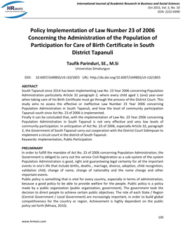 Policy Implementation of Law Number 23 of 2006 Concerning The