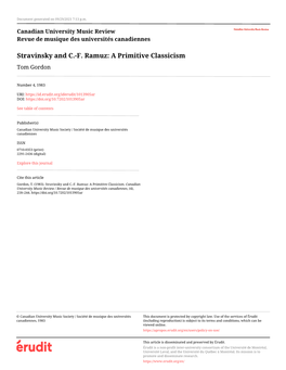 Stravinsky and C.-F. Ramuz: a Primitive Classicism Tom Gordon