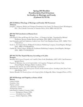 Spring 2015 Booklist Pontifical John Paul II Institute for Studies on Marriage and Family (Updated 12/19/14)