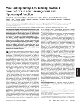 Mice Lacking Methyl-Cpg Binding Protein 1 Have Deficits in Adult Neurogenesis and Hippocampal Function