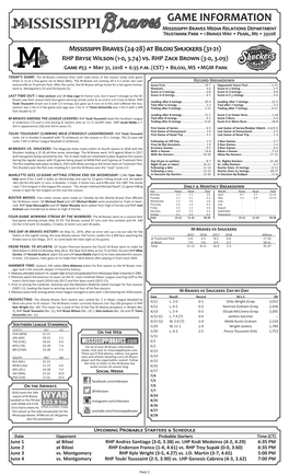 GAME INFORMATION Mississippi Braves Media Relations Department Trustmark Park • 1 Braves Way • Pearl, Ms • 39208