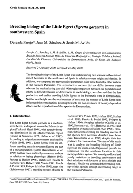 Breeding Biology of the Little Egret (Egretta Garzetta) in Southwestern Spain