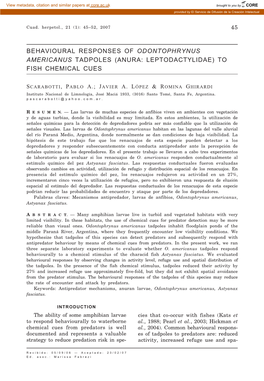 Behavioural Responses of Odontophrynus Americanus Tadpoles (Anura: Leptodactylidae) to Fish Chemical Cues