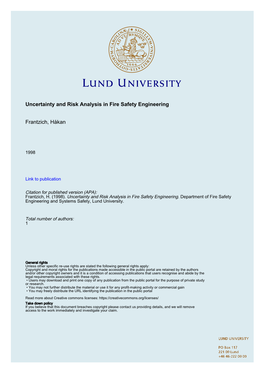 Uncertainty and Risk Analysis in Fire Safety Engineering Frantzich, Håkan