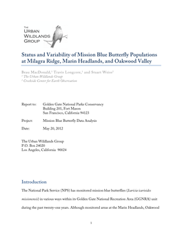 Status and Variability of Mission Blue Butterfly Populations at Milagra Ridge, Marin Headlands, and Oakwood Valley