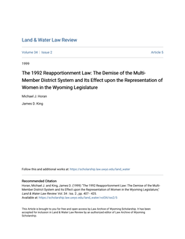 THE DEMISE of the MULTI-MEMBER DISTRICT SYSTEM and ITS EFFECT UPON the REPRESENTATION of WOMEN in Tile WYOMING LEGISLATURE