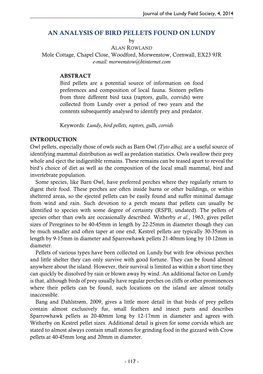 AN ANALYSIS of BIRD PELLETS FOUND on LUNDY by ALAN ROWLAND Mole Cottage, Chapel Close, Woodford, Morwenstow, Cornwall, EX23 9JR E-Mail: Morwenstow@Btinternet.Com